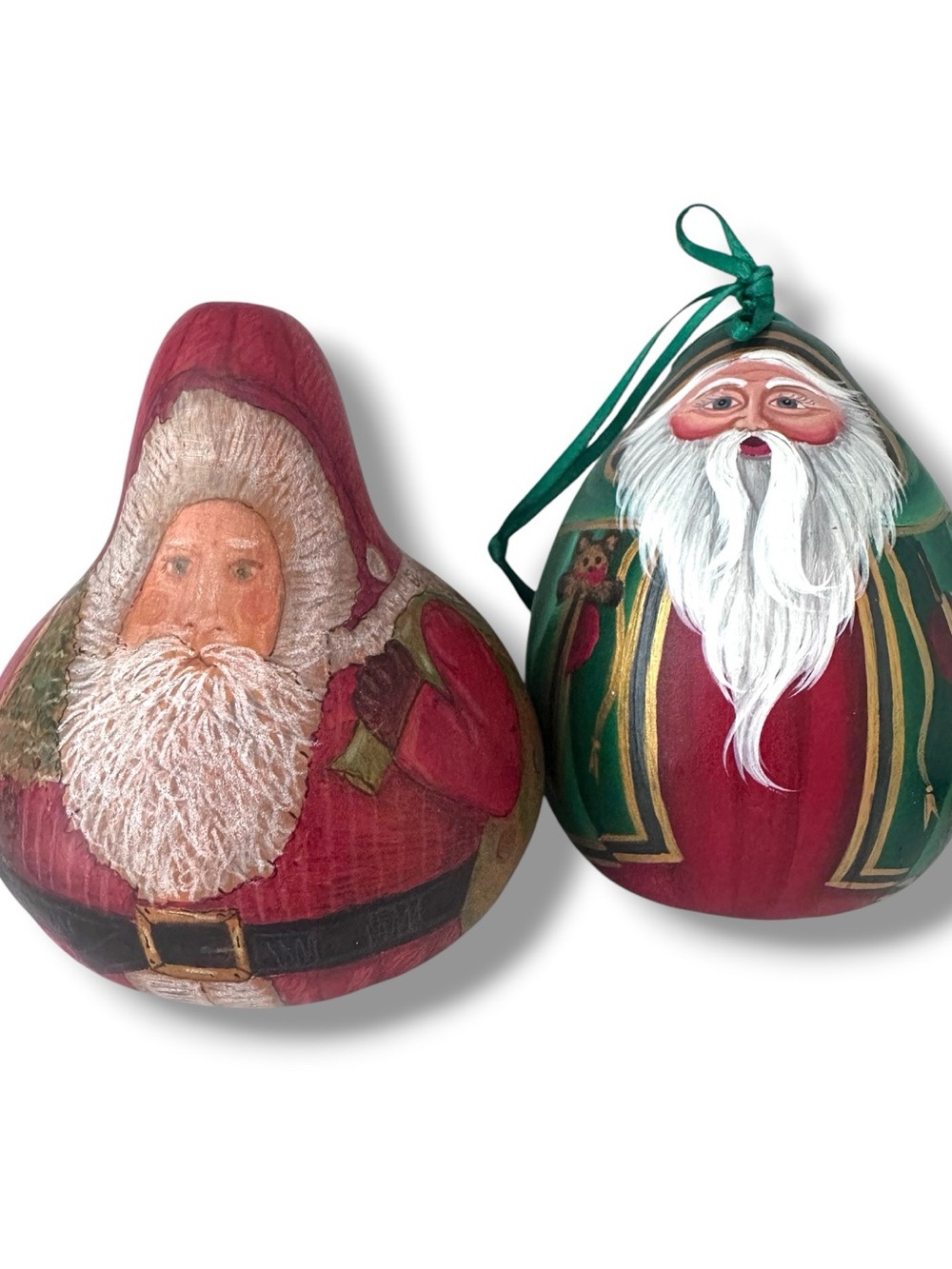 2 DETAILED VINTAGE Hand Painted Santa Claus Gourd Christmas Folk Art Signed